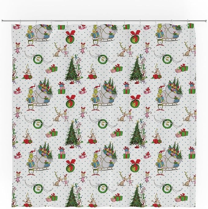 Grinch Wrapping Paper Holiday Christmas 13-Piece Shower Curtain Set, 72 x 72 Inch Fabric Curtain with Hooks, Bathroom Decor, Machine Washable, (100% Officially Licensed Product) by Franco Collectibles