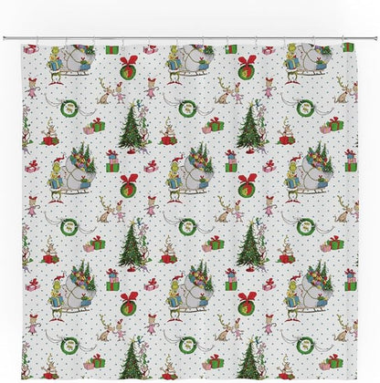 Grinch Wrapping Paper Holiday Christmas 13-Piece Shower Curtain Set, 72 x 72 Inch Fabric Curtain with Hooks, Bathroom Decor, Machine Washable, (100% Officially Licensed Product) by Franco Collectibles