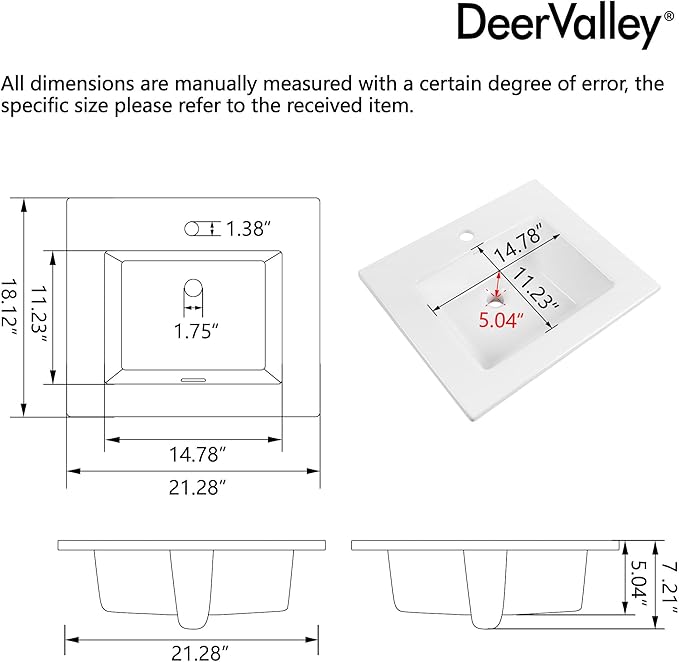 DeerValley 21"x18" Drop-In Bathroom Sink Ceramic Rectangle Vessel Sink with Overflow Vanity Bathroom Vessel Sink Bowl
