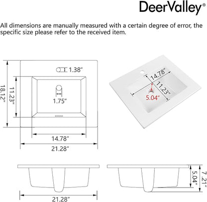 DeerValley 21"x18" Drop-In Bathroom Sink Ceramic Rectangle Vessel Sink with Overflow Vanity Bathroom Vessel Sink Bowl