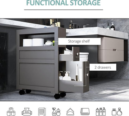 HOMCOM 6.25" x 20.5" x 28.25" Wood Rolling Narrow Bathroom Side Storage Cabinet - Gray