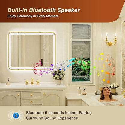 28x40 Inch Gold Framed LED Bathroom Mirror with Lights, Built-in Bluetooth Speaker,Tempered Glass,Dimmable Lighted Bathroom Vanity Mirror with 3 Colors, Backlit + Frontlit, Memory, Anti-Fog