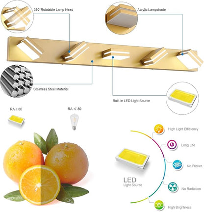 SineRise LED Modern Bathroom Vanity Light Fixtures, Modern Acrylic Bathroom Wall Lighting Fixtures Over Mirror, 5-Light, 40-Inch, Gold, 100%-0% White
