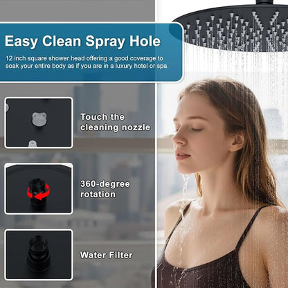 Shower System Shower Faucet Set Rainfall Shower Set with Valve 12+6" Dual Rain Shower Head with Handheld Ceiling Mount Wall Mount Shower Head Shower System, Matte Black