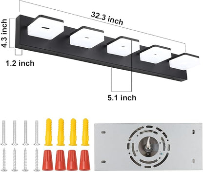 3 Colors Dimmable Black Vanity Light, LED Bathroom Light Fixtures over Mirror, Acrylic Stainless Steel Vanity Lighting Fixtures, 5 Light Bathroom Vanity Light,Adjustable 3000K/4000K/6000K,360° Rotate