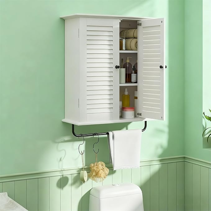 Bathroom Wall Cabinet, Over the Toilet Storage Cabinet, Wooden Wall Cabinet with 2 Doors & Hooks, White Wall Mounted Cabinet, Medicine Cabinet Organizer, Over Toilet Livingroom Kichen