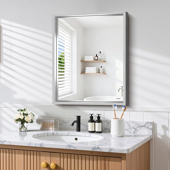 CIRCUMI 24"x30" Brushed Silver Bathroom Mirror, Rectangular Vanity Mirror | Chunky Box Metal Frame, Shatterproof, Tempered Glass, Bathroom Remodel&New Home,Wall Mirror for Over Sink,Living Room,Hallway