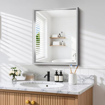 CIRCUMI 24"x30" Brushed Silver Bathroom Mirror, Rectangular Vanity Mirror | Chunky Box Metal Frame, Shatterproof, Tempered Glass, Bathroom Remodel&New Home,Wall Mirror for Over Sink,Living Room,Hallway