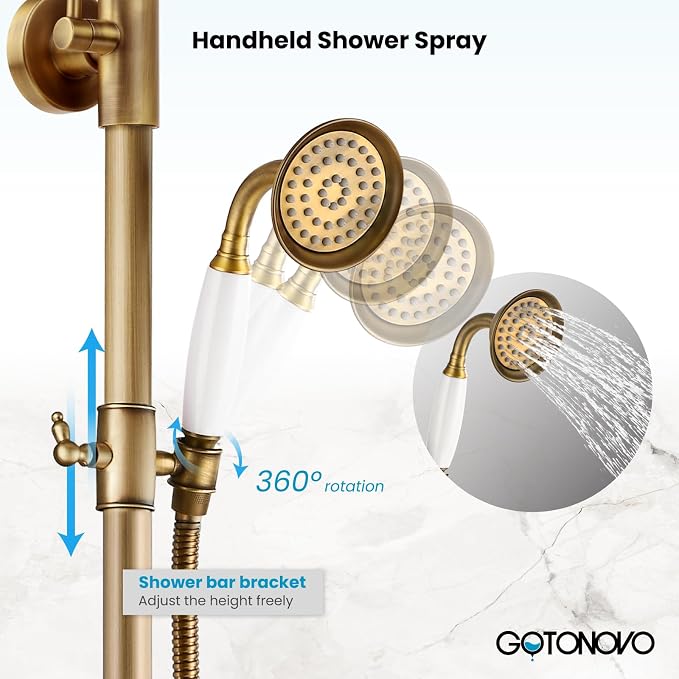 gotonovo Exposed Bathroom Shower System Two Cross Handle Antique Brass | Vintage Brass Tub Shower Faucet Set,8’’ Rain Head with Handheld Spray,Swivel Tub Spout,6’’ Hole Distance,Adjustable Height