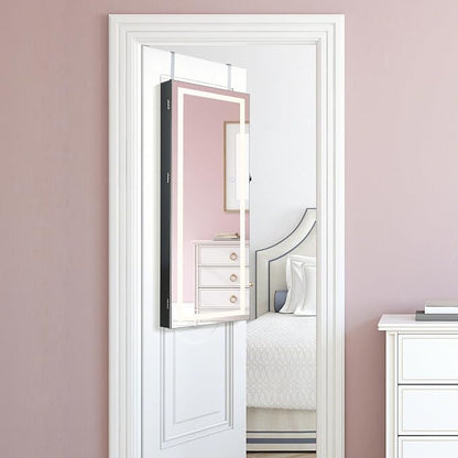 CHARMAID LED Mirror Jewelry Cabinet, Lockable Jewelry Armoire with Adjustable Lighted Full Length Mirror, 3 Lighting Sets, Wall Mounted Door Hanging Jewelry Storage Organizer (Black, 42.5''H)