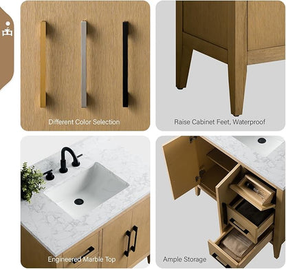 Vanity Art 36 inch Bathroom Vanity with Single Sink & Ceramic Top, Vanity Cabinet with Soft-Closing Doors, Drawers, Solid Wood Frame, Natural Oak,VA9036-NO-MB1