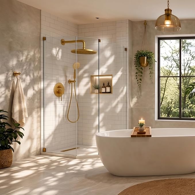 Hoimpro Brushed Gold Rain Shower Head Shower Faucet System Fixture Set | 10 Inch Round Rain Shower Head with Handheld Combo 2 in 1 Sprayer Shower Valve with Trim Kit Wall Mounted Rainfall Showerhead