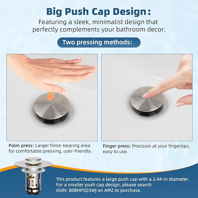 Hibbent 2 Pack Upgraded 3 in 1 Bathroom Sink Drain Strainer, Pop Up Sink Stopper with Big Cap, Anti-Clogging Metal Filter Basket,Sink Plug with Hair Catcher for 1.1''~2.36'' Basin, Brushed Nickel