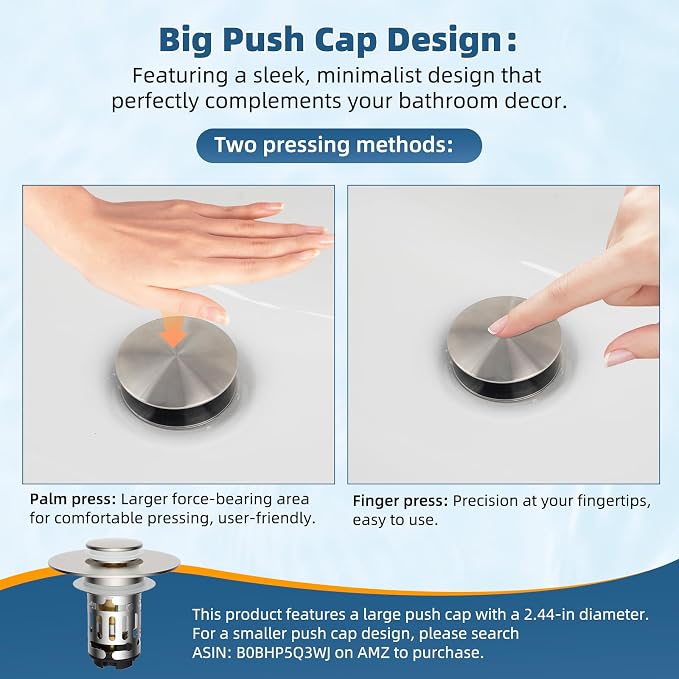 Hibbent Upgraded 3 in 1 Bathroom Sink Drain Strainer, Pop Up Sink Stopper with Big Push Cap, Anti-Clogging Metal Filter Basket,Sink Plug with Hair Catcher for 1.1''~2.36'' Basin, Brushed Nickel