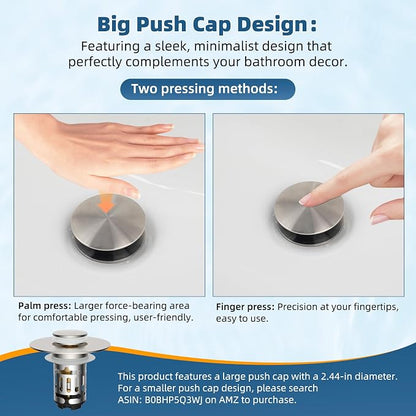 Hibbent Upgraded 3 in 1 Bathroom Sink Drain Strainer, Pop Up Sink Stopper with Big Push Cap, Anti-Clogging Metal Filter Basket,Sink Plug with Hair Catcher for 1.1''~2.36'' Basin, Brushed Nickel