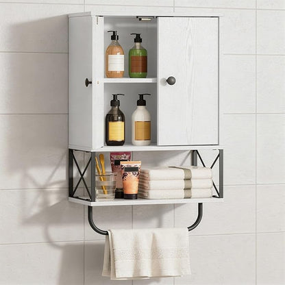 Bathroom Wall Cabinet with 2 Door and Adjustable Shelf, Farmhouse Medicine Cabinet with Towel Rack, 3-Tier Wall Mounted Storage Cabinet Over The Toilet for Bathroom Laundry Room, White
