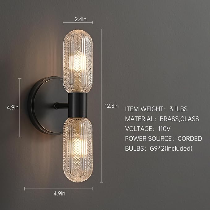 Matte Black Wall Sconces,12.3in 2-Light Knurled Glass Sconces Wall Lighting | Bathroom Brass Material Sconce, Wall Lights for Living Room Vanity Hallway Mirror,Entrance,Corridor，Hardwired, bulb included