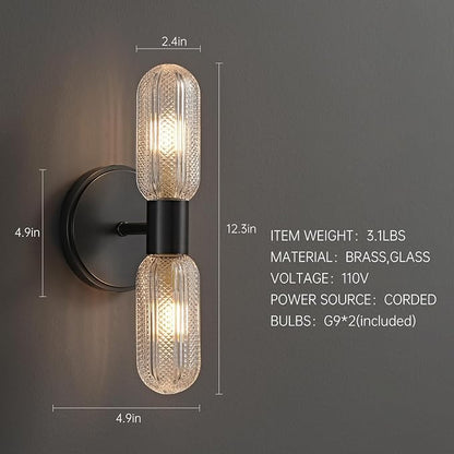 Matte Black Wall Sconces,12.3in 2-Light Knurled Glass Sconces Wall Lighting | Bathroom Brass Material Sconce, Wall Lights for Living Room Vanity Hallway Mirror,Entrance,Corridor，Hardwired, bulb included