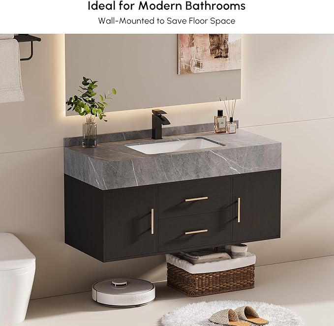 39.3" Floating Bathroom Vanity with Undermount Sink – Black Walnut & Gold, Sintered Stone Countertop, Soft-Close Drawers, Space-Saving Wall-Mount Design Ideal for Modern Bathrooms