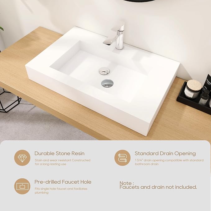 SJ Star&Jane 29" x 19" in Solid Surface Bathroom Sink, Wall-Mount or Countertop Vessel Sink, Rectangle Floating Vanity Sink, Pre-installed Faucet Holes, Durable Modern Design