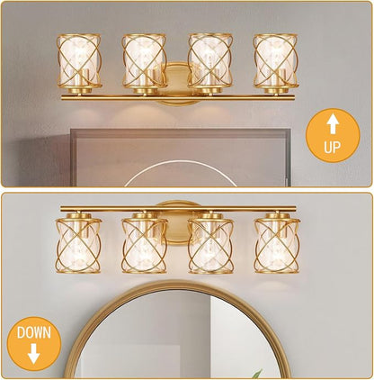 4-Lights Bathroom Vanity Lights, Bathroom Light Fixtures Over Mirror, Brushed Gold Vanity Light, Farmhouse Wall Lights with Clear Glass Shade, Bathroom Wall Lamp for Mirror Kitchen Bedroom