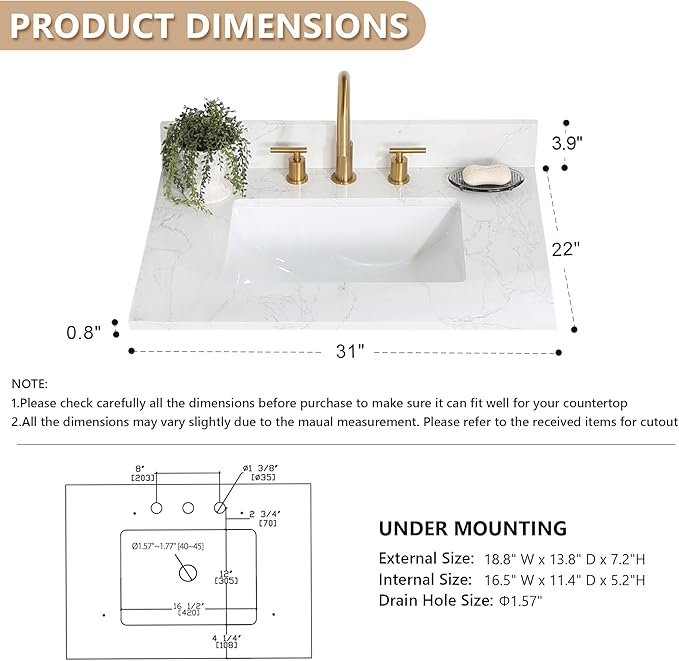 Ceres 31" Engineered Stone Vanity Top in Grain White with Single White Sink
