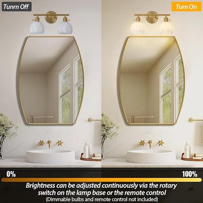 Gold 2 Light Bathroom Vanity Light,14.9in Modern Bathroom Lighting Fixtures Over Mirror with Milky White Tulip Crystal Glass Shade,Brass Vintage Vanity Lights for Bathroom Living Room Bedroom
