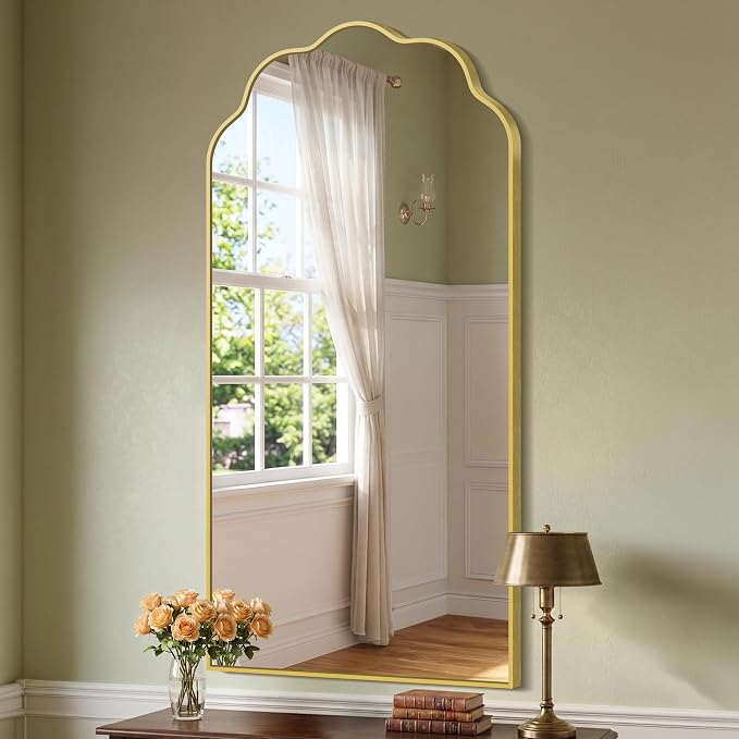 Gold Arched Mirror, 24×48Inch Scalloped Mirror for Bathroom, Wavy Wall Mounted Vanity Mirror with Aluminum Alloy Frame for Livingroom Bedroom and Entryway, Tempered Glass