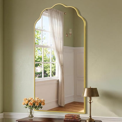 Gold Arched Mirror, 24×48Inch Scalloped Mirror for Bathroom, Wavy Wall Mounted Vanity Mirror with Aluminum Alloy Frame for Livingroom Bedroom and Entryway, Tempered Glass