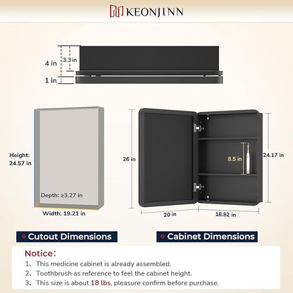 Keonjinn 20 x 26 Inch Black Recessed Medicine Cabinets, Bathroom Mirrored Medicine Cabinet, Black Stainless Steel Framed, Stepless Adjustable Shelves, in Wall or Surface Mount, DTC Hinge