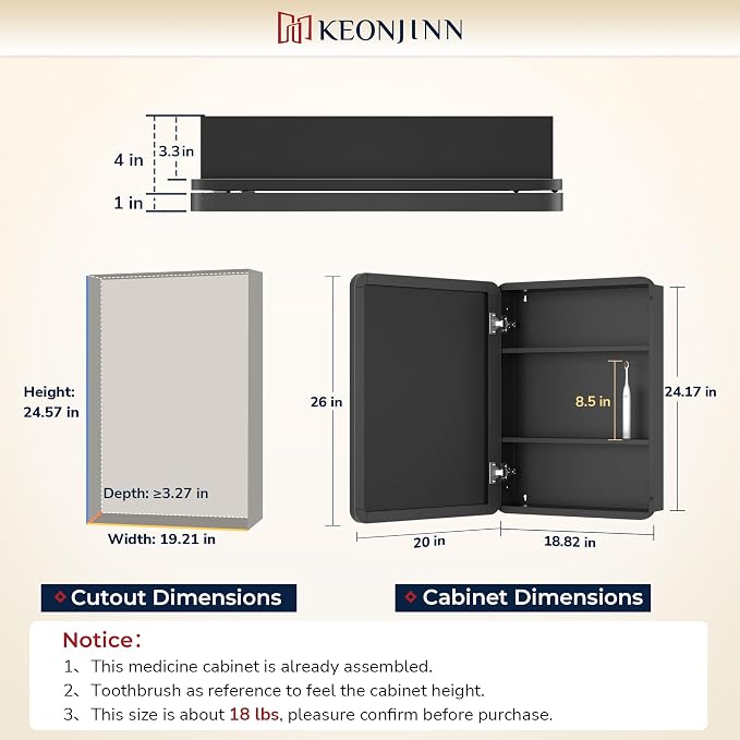 Keonjinn 20"x26" Chrome Recessed Medicine Cabinets for Bathroom with Mirror | Stainless Steel Framed, Adjustable Shelves, Recessed or Surface Mount, Heavy & Solid, Soft Closing, Silver Medicine Cabinet