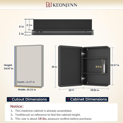 Keonjinn 20"x26" Chrome Recessed Medicine Cabinets for Bathroom with Mirror | Stainless Steel Framed, Adjustable Shelves, Recessed or Surface Mount, Heavy & Solid, Soft Closing, Silver Medicine Cabinet