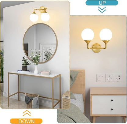 Brushed Gold Bathroom Light Fixtures Over Mirror Vanity 2-Light | Mid Century Modern Brushed Gold Wall Sconce with Milky White Glass Ball Shades for for Bathroom Dressing Table Bedroom