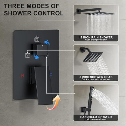 Rain Shower System 12" & 6" Dual Shower Heads, Wall Mount Shower Faucet Set | Ideal for bathroom remodels and upgrades with 12" rain shower, 6" angled shower, handheld spray and complete valve kit.