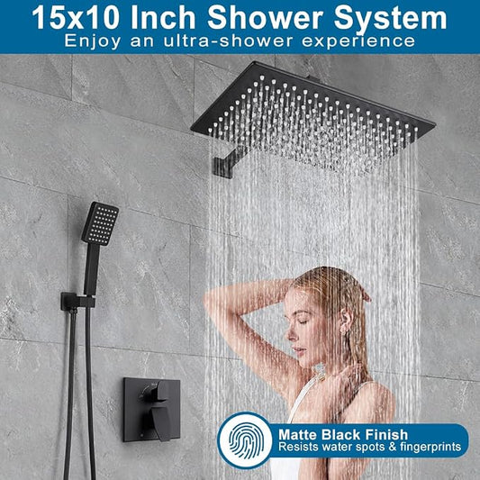 Matte Black Shower Faucet Set Rainfall 15 Inch Thickened Shower Head and Handle Set Bathroom Shower System Wall Mounted Shower Fixture Include Shower Valve and Trim Kit