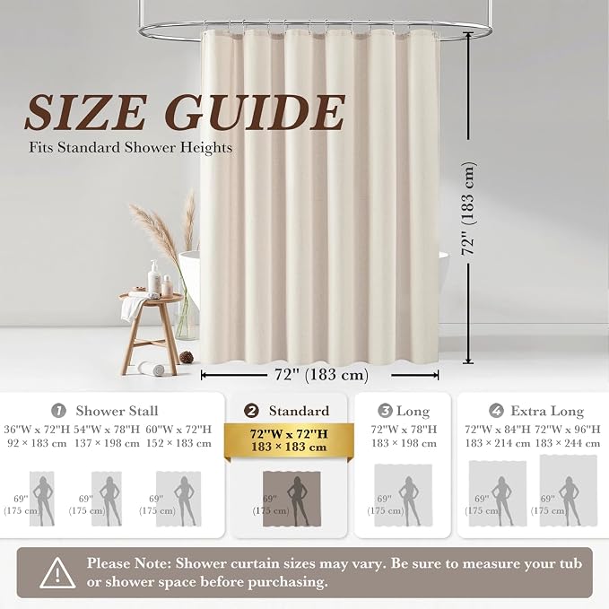 Natural Linen Shower Curtain Farmhouse Bathroom Decor 72x72 Inches | Boho Bathroom Decor,12 Sturdy Stainless Steel Sliding Hangers,Rustic Country Style,Linen Shower Curtains for Bathroom
