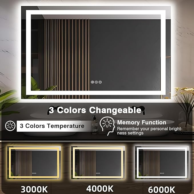 EchosLife 55"x36" LED Bathroom Mirrors for Wall | Backlit + Front Lit, Anti-Fog, Stepless Dimmable, 3 Colors, Memory, Tempered Glass, UL Listed, Horizontal/Vertical