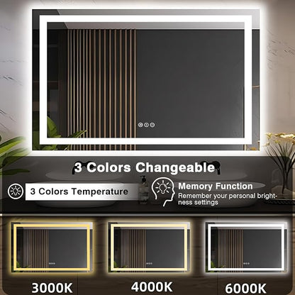 EchosLife 55"x36" LED Bathroom Mirrors for Wall | Backlit + Front Lit, Anti-Fog, Stepless Dimmable, 3 Colors, Memory, Tempered Glass, UL Listed, Horizontal/Vertical