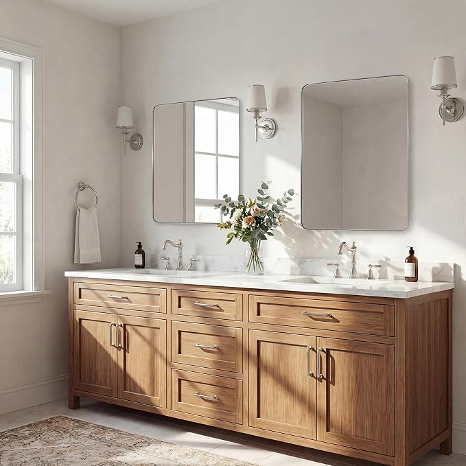 Brushed Nickel Mirrors for Bathroom Sink, 28x36 Inch Bathroom Vanity Mirror with Rectangular Metal Frame-Modern Clean Design with Superior Stainless Steel Frame