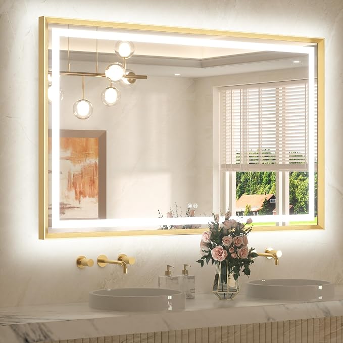 55 x 36 Bathroom LED Mirror Brushed Gold Metal Frame Frontlit & Backlit Vanity Mirror Stepless Dimmable Anti-Fog 3 Colors White/Warm/Natural Light up Vanity Mirror Wall-Mounted