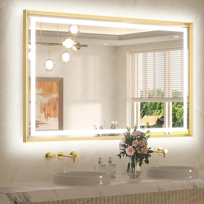 55 x 36 Bathroom LED Mirror Brushed Gold Metal Frame Frontlit & Backlit Vanity Mirror Stepless Dimmable Anti-Fog 3 Colors White/Warm/Natural Light up Vanity Mirror Wall-Mounted