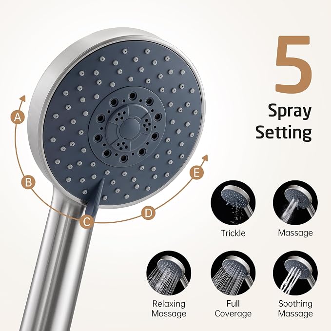 KES Adjustable Shower Head with Slide Bar, 5-Function Handheld Sliding Shower Head with Extra Long Hose Wall Mount Brushed Finish, F204-BS-C1