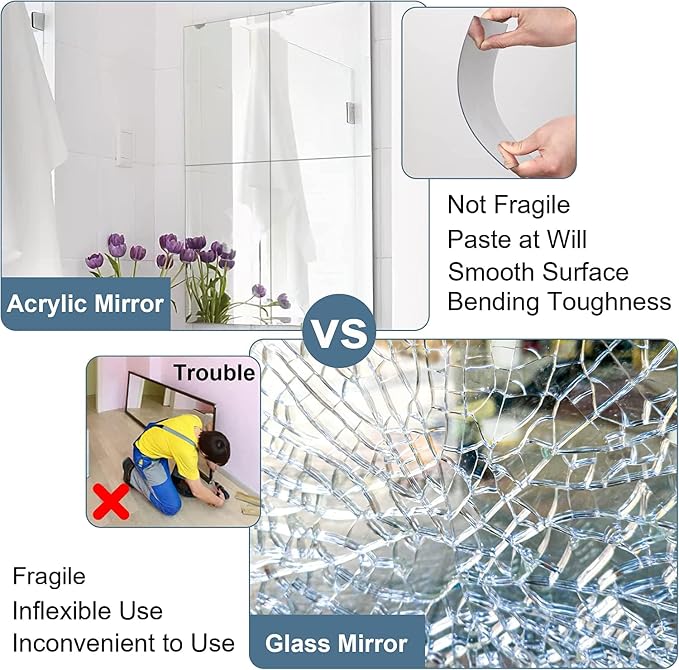 JUNEBRUSHS 8 Pack Self Adhesive Acrylic Mirror, 12 x 12 Inch Mirror Tiles | 2MM Thick Mirror, Frameless Small Mirror, Flexible Plastic Sheets Wall Stickers