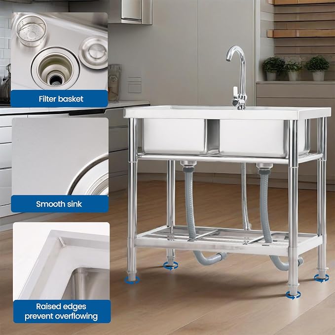 Stainless Steel Utility Sink Free Standing, 33 in Laundry Sink | Double Bowl Commercial Sink with Cold and Hot Water Pipe, for Laundry Room Bathroom Farmhouse Litchen