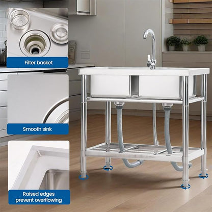 Stainless Steel Utility Sink Free Standing, 33 in Laundry Sink | Double Bowl Commercial Sink with Cold and Hot Water Pipe, for Laundry Room Bathroom Farmhouse Litchen