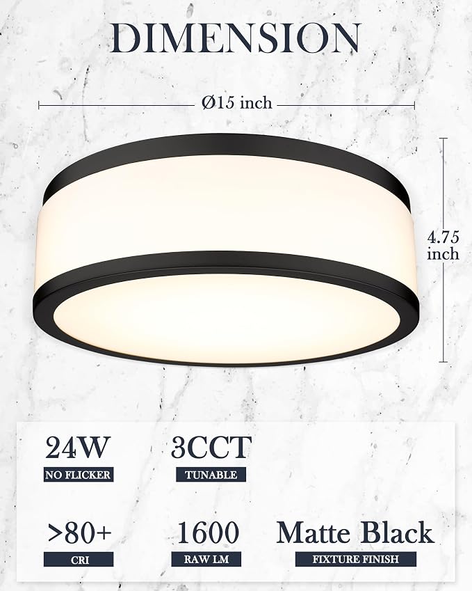 LED Flush Mount Ceiling Light, 15 inch, 24W Dimmable 3000K 4000K 5000K Matte Black Modern Round Ceiling Light Fixture for Kitchen, Hallway, Bathroom, Stairwell, LMS-054