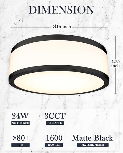 LED Flush Mount Ceiling Light, 15 inch, 24W Dimmable 3000K 4000K 5000K Matte Black Modern Round Ceiling Light Fixture for Kitchen, Hallway, Bathroom, Stairwell, LMS-054