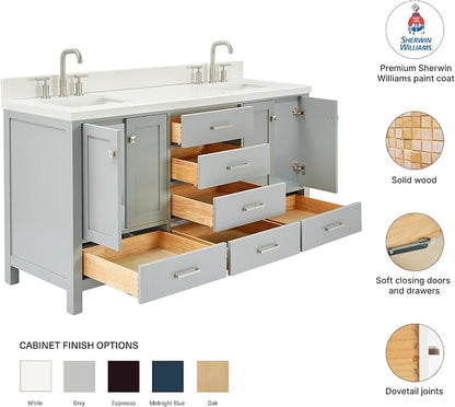 Beckford 66" Grey Double Bathroom Vanity, 1.5" Edge Pure White Quartz Countertop, Rectangular Undermount Sinks, 4 Soft Closing Doors, 6 Dovetail Drawers
