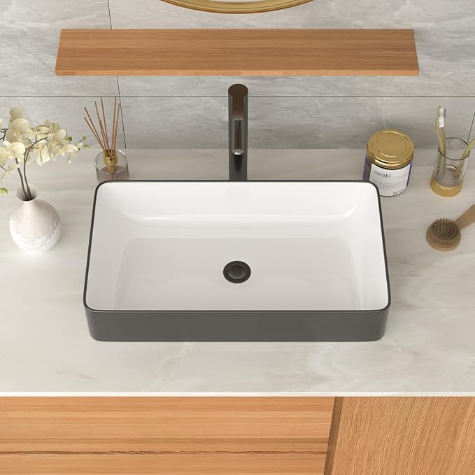 Bathroom Vessel Sink Ceramic Art Basin Above Counter White and Black | 24x13.58 Inch Rectangular Bathroom Sink Porcelain Vessel Vanity Sink