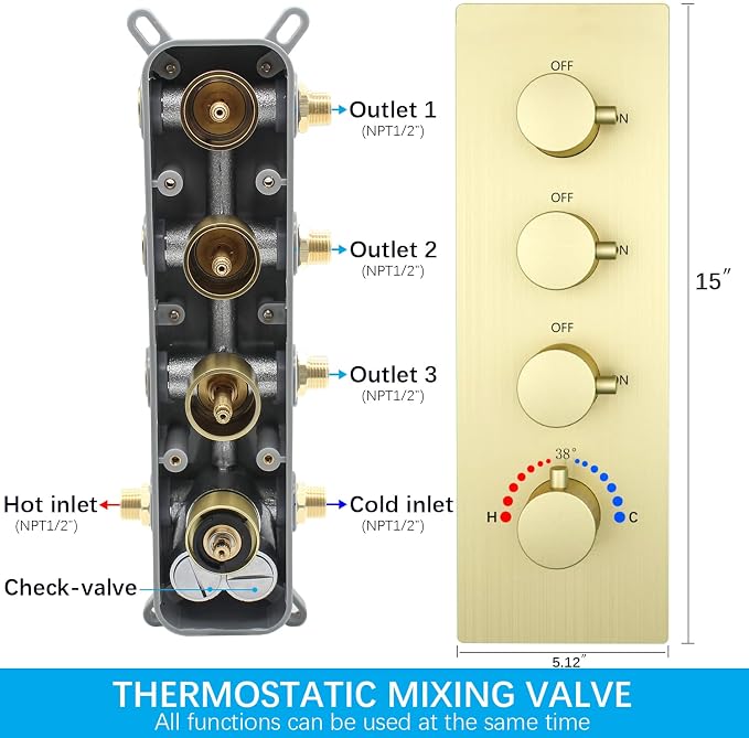 Brushed Gold Rain Shower System Thermostatic Bathroom Faucet Set 16X32 Inch Ceiling Mount Shower Head Set Complete With Thermostatic Control Valve Use All In One